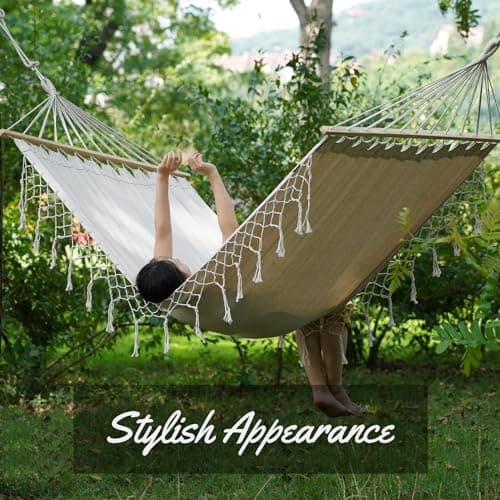Double White Natural Canvas Handmade Hammock Beautiful Boho Style, Brazilian Deluxe Hammock Bed of Indoor Bedroom or Outdoor Tree, Patio, Porch, Yard, Beach for Camping, Hiking, Travel, Decor