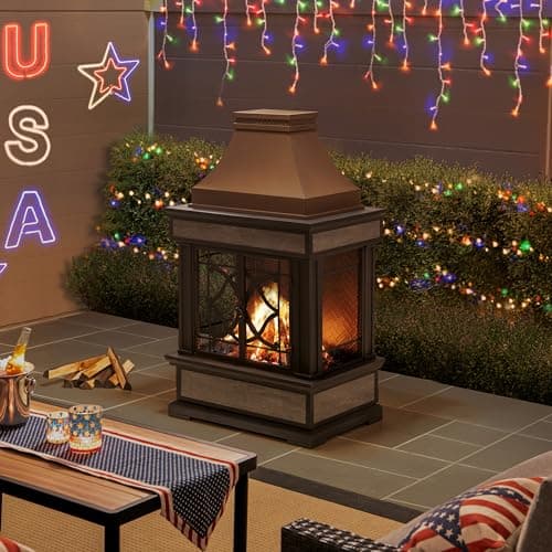 Sunjoy Outdoor Fireplace, Smith Collection Patio Wood Burning Steel Fireplace with Chimney, Spark Screen, Fire Poker, and Removable Grate, Copper with Yellow Tile