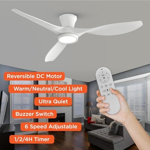 TALOYA 52 inch Ceiling Fans with Lights Remote Control, Modern Low Profile Ceiling Fan with Quiet Reversible DC Motor for Bedroom Living Room and Patio White