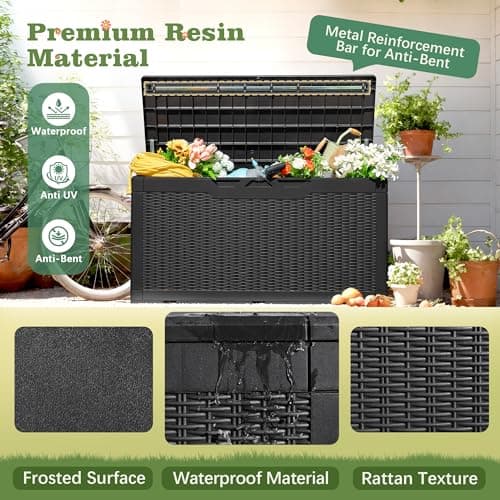 Flamaker Outdoor Storage Box 100 Gallon Waterproof Resin Deck Box Delivery Box with Air Rod Indoor Outdoor Lockable Storage Bench for Patio Cushions, Tools, Pool Accessories (Black)