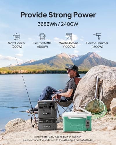 BLUETTI Solar Generator Pioneer 150 (AC240) & B210 Expansion Battery (Ships Separately), Expand to 3686Wh LiFePO4 Battery Backup w/ 3 2400W AC Outlets, IP65 Water Resistant，for Camping, RV