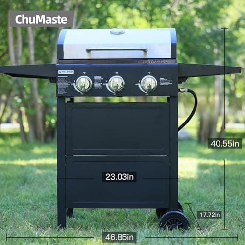 Grill Propane 3 Burner Gas Outside, Bbq with Thermometer, Patio grill For Small gatherings, asadores de gas 30000 BTU. Barbecue grill with Foldable Rack.