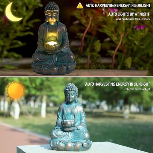 Solar Buddha Statue Outdoor Lights - Waterproof Garden Statue with Lotus, Meditation Zen Spiritual Room Decor for Yard, Patio, Buddha Statue for Home Garden Decor Indoor