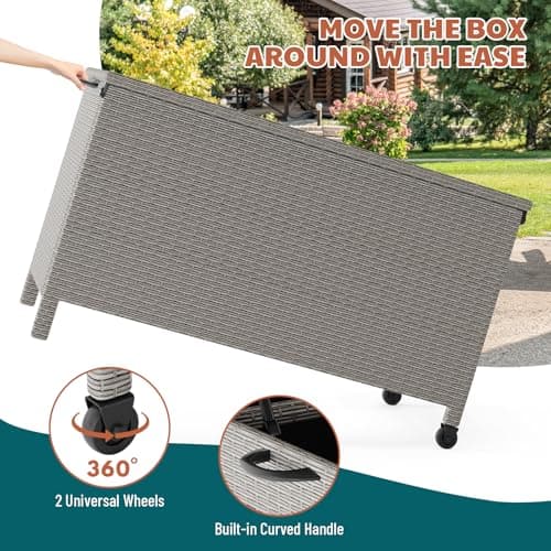 120 Gallon Outdoor Storage Box, Waterproof PE Rattan Deck Box With Wheels, Large Storage Bench for Patio Cushions, Tools, Pool Supplies, Grey