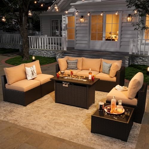 Aoxun 8 Piece Patio Furniture Set with 44” Fire Pit Table Wicker Rattan Patio Sectional Sofa Set Outdoor Seating Furniture with Thickened Cushion, Beige