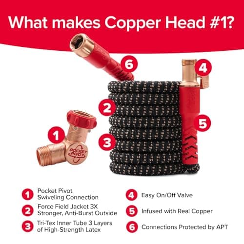 Pocket Hose Copper Head w/New Pocket Pivot Expandable Garden Hose 50 FT, AS-SEEN-ON-TV, Swivels 360°, Advanced Tri-Tex Tubing & Force Field Jacket, 3X Stronger, Lead-Free, No-Kink, Anti-Burst w/APT