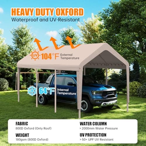 Carport Canopy 10'x20' Heavy Duty Replacement Cover, Garage Shelter Cover 800D Oxford Waterproof & UV Protected Tarp with Ball Bungees, Not Include Frame, Beige