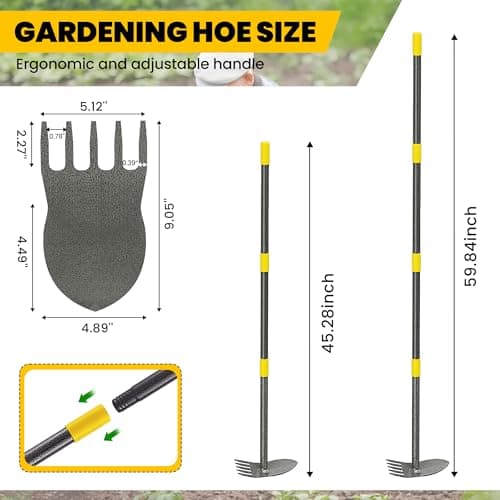 Hoe Garden Tools, Pointed Hoe for Weeding, Iron Tines for Loosening Soil, Hoe Cultivator 2 in 1 Manual Garden Tools, 17-60 Inch Long Handle Heavy Duty Garden Hoe, Black