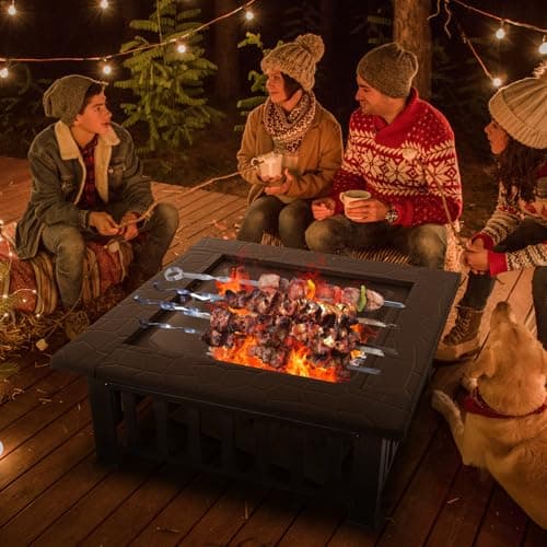 Multifunctional Fire Pit Table 32 inch Square Metal Firepit Stove Backyard Patio Garden Fireplace for Camping, Outdoor Heating, Bonfire and Picnic