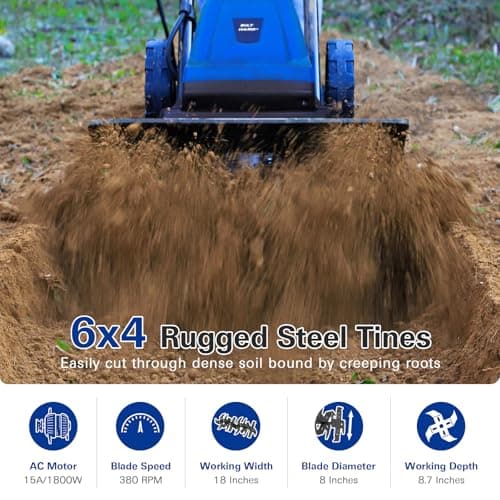 BILT HARD 18 Inch Electric Tiller Cultivator, Corded 15 Amp 6 Steel Tines Tillers for Gardening, Garden Rototiller for Soil Digging with Adjustable Wheels