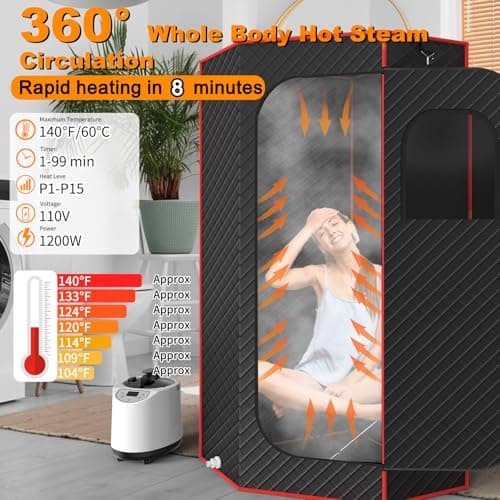 Portable Sauna Box, Steam Sauna for Home with 3L Steamer, Remote Control, Folding Chair and Mat, Personal Sauna Tent for Wellness & Relaxation, 15 Levels, Red