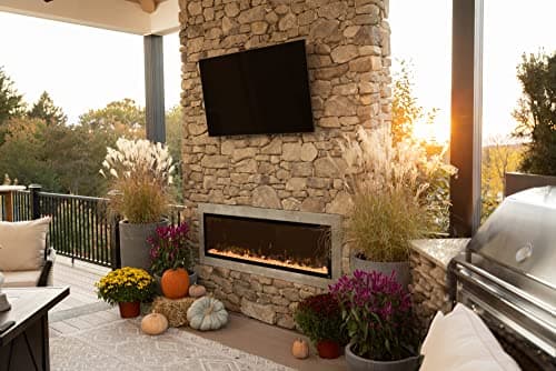 Touchstone 80049 - Indoor/Outdoor Sideline Elite Smart WiFi-Enabled Electric Fireplace - 60" Wide - in-Wall Recessed or Wall Mount - Realistic 6 Color Flame - No Heat - Log & Crystal