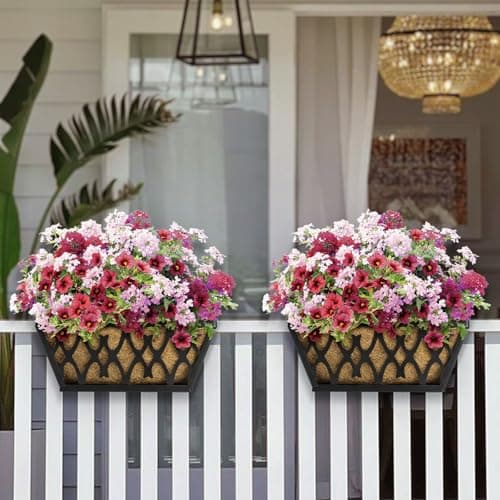 4 Pack 12 Inch Window Boxes Planters Railing Planter Box with Coco Liners Deck Railing Planter Boxes Balcony Hanging Flower Box for Outdoor Plants Garden Decor
