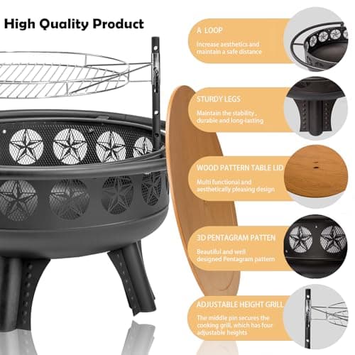 3-in-1 Fire Pit with Swivel Cooking Grate, 32 Inch Wood Burning Firepit with Grill, Outdoor Fire Pits Table with Metal Lid and Poker for Outside Patio Backyard BBQ Bonfire Camping (Black)