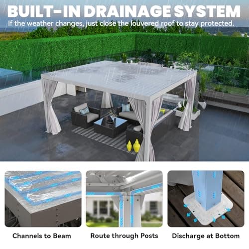 Louvered Pergola 10x12ft, Adjustable Aluminum Pergola with Waterproof Curtains and Nets, Sun & Rain Shade for Patio, Modern DIY Outdoor Living Upgrade, White
