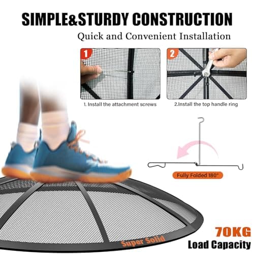 Fire Pit Spark Screen, 24Inch Fire Pit Lid Outdoor with Handle & Poker, Heavy-Duty Mesh Firepit Cove with 12 Reinforced Bars for Backyard/Beach/RV Camping