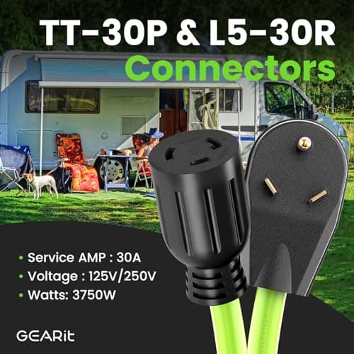 30 Amp RV Extension Cord, GEARit (15 Feet) 3-Prong 125/250-Volt 10/3 STW 10AWG Gauge SJTW Locking Cable, NEMA TT-30P to L5-30R, RV Outdoor Camper Trailer Portable Generator Power Cord- 15ft