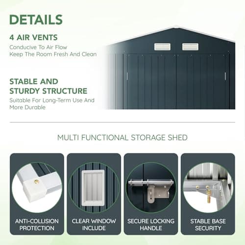 10X12X7.5 FT Outdoor Steel Storage Shed with Lockable Doors, 2 Windows, Transparent Roof Panels (Wood Panels & Frame Floor Not Included), Ideal for Patio Storage,Garbage Can, Chicken Coop
