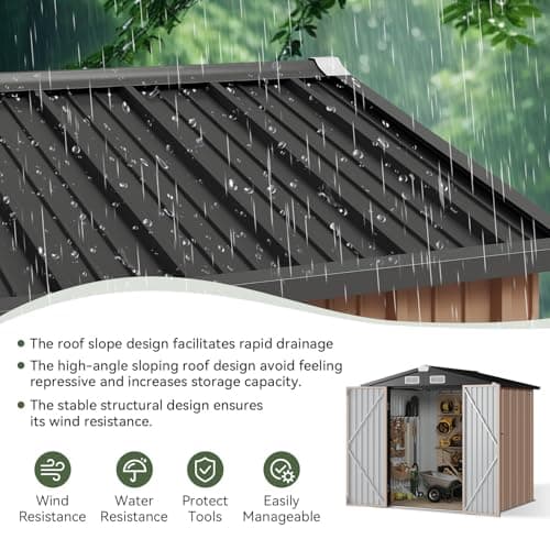 Aoxun 6.2x4 FT Shed Outdoor Storage Shed Metal Garden Shed with Lockable Doors & Slooping Roof Tool Shed Bike Shed for Backyard, Patio, Poolside (Brown)