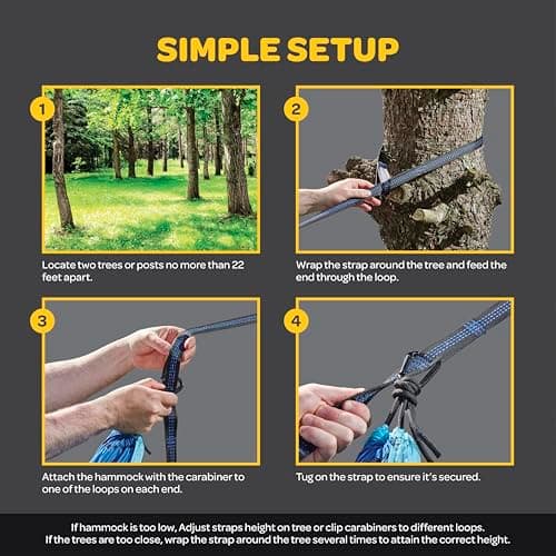 Durable Hammock 400 lb Capacity, Nylon Camping Hammock Chair - Double or Single Sizes w/Tree Straps and Attached Carry Bag - for Travel/Backpacking/Beach/Backyard (Medium, Black & Light Grey)