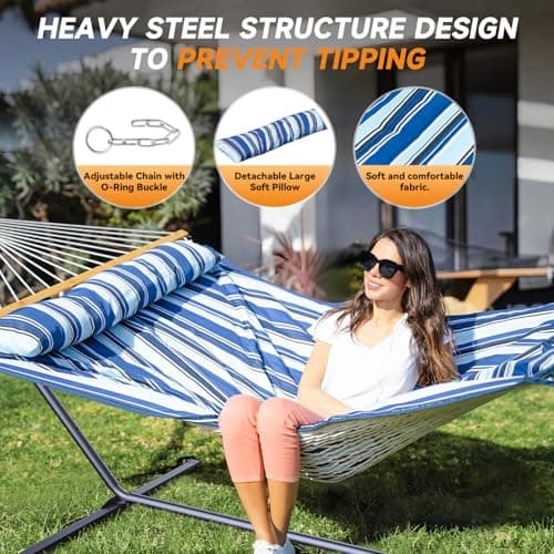 Double Hammock with Stand, 2 Person Cotton Rope Hammock with Removable Polyester Pad, 500LBS Capacity, Portable & Adjustable Design, Includes Storage Bag, Indoor Outdoor Use,Blue