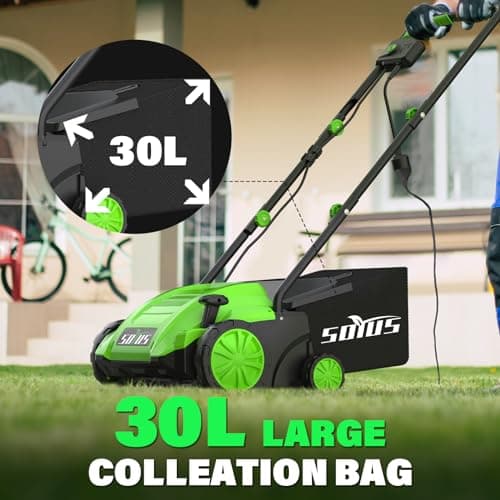 SOYUS Electric Dethatcher and Scarifier with 30L Collection Bag, 13-Inch 12 Amp 2-in-1 Corded Lawn Dethatcher with 4-Postion Depth Adjustment, Quick-Fold, Increases Lawn Health