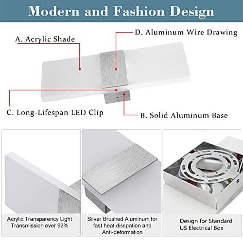 Lightess Modern Wall Sconce Dimmable 12W, Up Down Wall Lights Acrylic LED Wall Lamp for Hallway Bedroom Corridor, Cool White, HS521-1