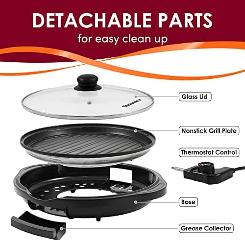 Elite Gourmet EMG1100 11" Electric Indoor Nonstick Grill Dishwasher Safe, Cool Touch, Fast Heat Up Ideal Low-Fat Meals, Includes Tempered Glass Lid, Black