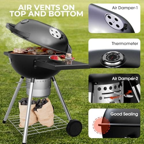 22 Inch Charcoal Grill with 2 Foldable Side Tables,Charcoal Kettle Grills with Wheels,Outdoor bbq Grill,Portable Charcoal Grill for Camping,Party,Backyard (Black)