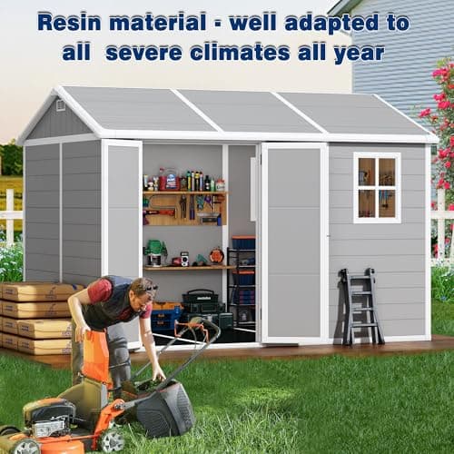 10x8 FT Outdoor Storage Shed with Floor, Weather-Resistant Resin Shed with Double Windows, Lockable Door and Vents, Plastic Outside Tool Storage Sheds for Garden, Backyard, Lawn