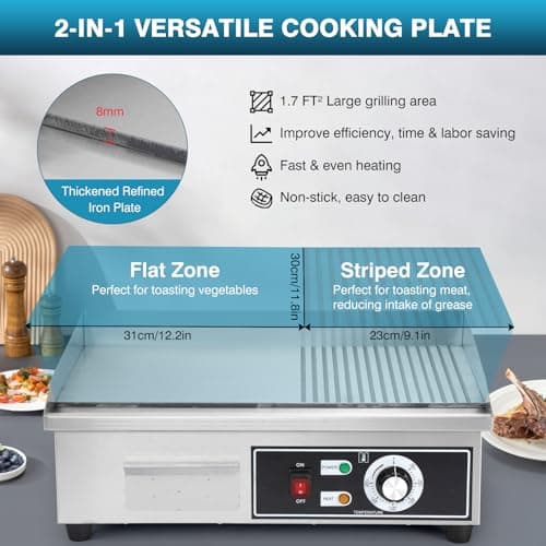 IRONWALLS Electric Griddle Nonstick 22 Inch, 1600W Stainless Steel Commercial Griddle for Indoor & Outdoor, 2-IN-1 Half Flat Top Griddle Grill for Restaurant & Home, 122℉-572℉ Adjustable Temperature