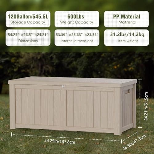 120 Gallon Waterproof Deck Box, Lockable Resin Storage Box for Patio Furniture Cushions Garden Tools and Outdoor Delivery Storage, Coffee
