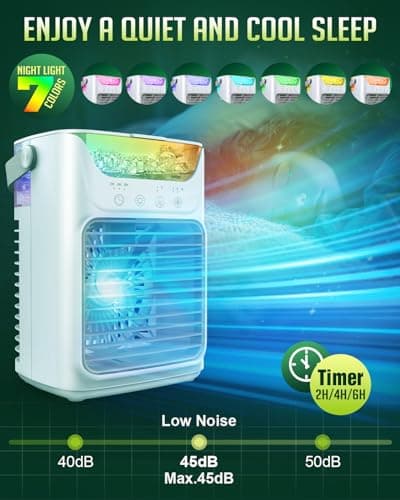 Portable Air Conditioners, 3 Wind Speeds & 7 LED Lights Evaporative Personal Air Cooler, 4 in 1 Portable AC with 650 mL Large Water Tank, Mini Air Conditioner for Bedroom/Car/Home/Camping/Room