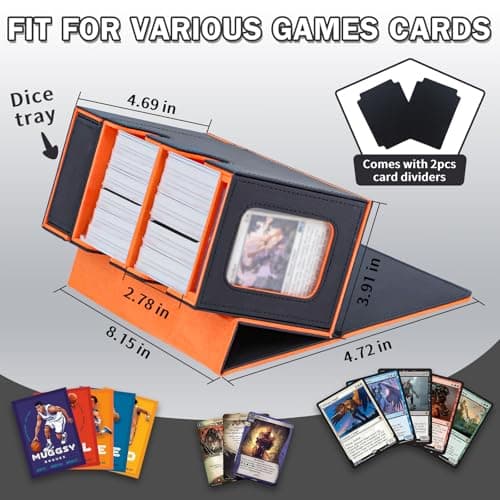 Commander Deck Box for MTG, Card Deck Box with Dice Tray and Display Window, Fits 200+ Double-Sleeved Cards, Magnetic Leather Trading Card Storage Case for Magic Game Cards (Black & Orange)