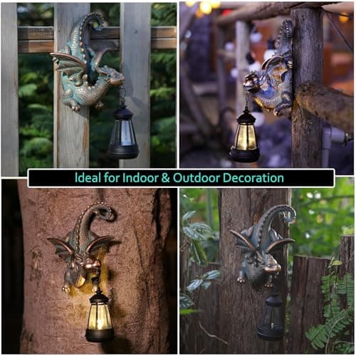 Dragon Solar Garden Statue - Gothic Outdoor Wall Hanging Decor with Solar Light, Fantasy Dragon Figurine for Patio, Yard, or Tree - Unique Whimsical Gift for Adults, Men & Women