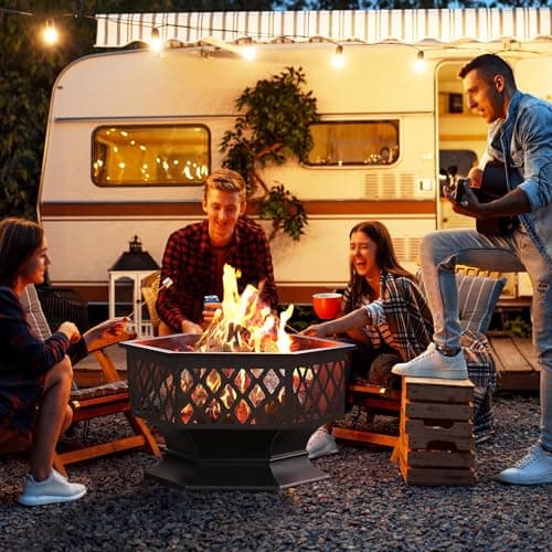 Yaheetech Fire Pit Fire Pits for Outside 24in Hex Shaped Firepit Bowl with Spark Screen & Poker for Patio Backyard Garden Picnic Bonfire Camping