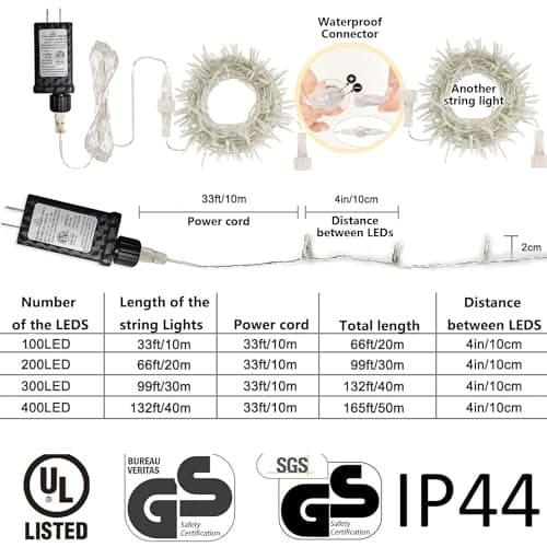 gresonic 99ft 300 LED String Lights Indoor Outdoor, Warm White Christmas Lights Clear Wire, 8 Modes Waterproof Twinkle Fairy String Lights Plug in for Tree Room Bedroom Wedding Decorations