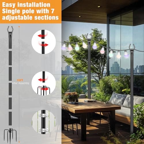 String Light Poles 4 Pack,10FT Metal String Light Poles for Outside, Adjustable Outdoor Poles for Patio, Deck, Garden, Wedding, Backyard, Christmas Party Decor, Sturdy with Hooks(Bulb Not Included)