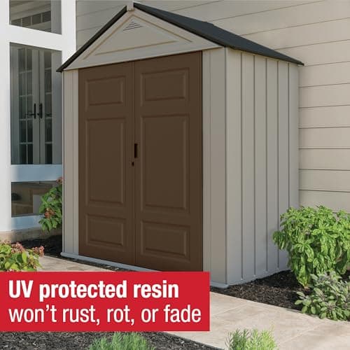 Rubbermaid Resin Outdoor Storage Shed With Floor (7 x 3.5 Ft.), Weather Resistant, Brown/Grey, Organization for Home/Lawn Mower/Backyard Equipment/Bike Storage/Pool Supplies