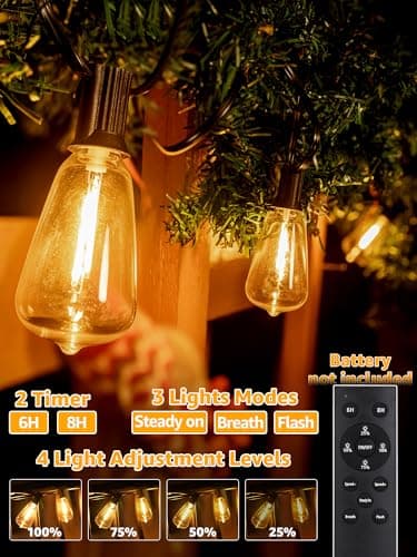 Outdoor String Lights Dimmable with Remote, 100 FT Outdoor Lights with 2 Timer and 3 Mode, Waterproof & Shatterproof Patio Lights, 2200K Energy Saving String Lights 3 Spare Bulbs for Patio Yard