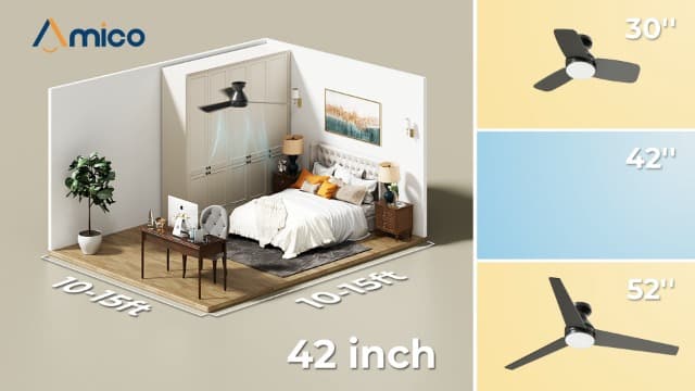 Amico Ceiling Fans with Lights, 42 inch Low Profile Ceiling Fan with Light and Remote Control, Flush Mount, Reversible, 3CCT, Dimmable, Noiseless, Black Ceiling Fan for Bedroom, Indoor/Outdoor Use