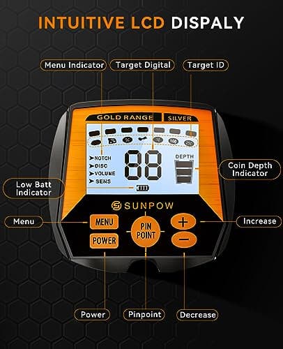 SUNPOW Metal Detector for Adults, Professional Waterproof High Accuracy Metal Detector, 10'' Detection Depth, Pinpoint & Disc & Notch & All Metal & Volume Modes, Strong Anti-Interference-GC-1083