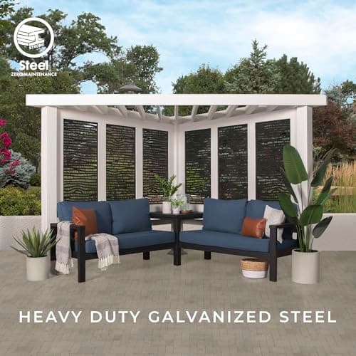 Backyard Discovery Ridgedale 12' x 8' Modern Glavanized Steel Cabana Corner Pergola with Conversation Seating, Shade Sail Canopy, Privacy Panels, Table for Outdoor Patio, Deck, Poolside, Entertaining