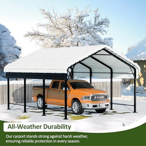 JAMFLY 12X15 FT Carport, Heavy Duty Carport Canopy with Galvanized Steel Roof and Frame, Metal Carport Upgraded Extra Large Garage for Pickup, Boat, Car and Tractors