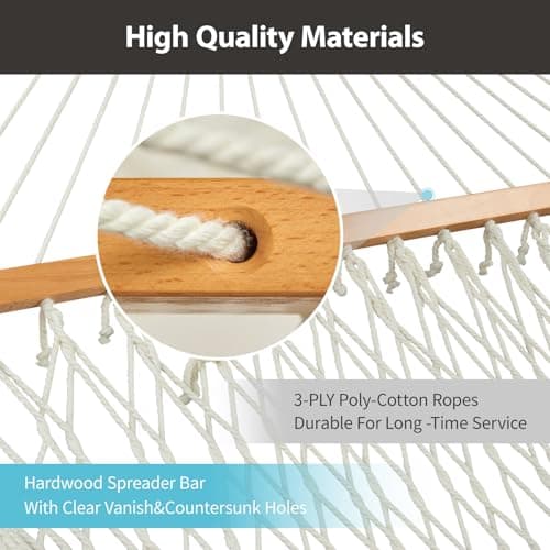 Outdoor Double Hammock with Hardwood Spreader Bars, Cotton Rope Hammock with Polyester Pad and Pillow, 475 LBS Capacity 2 Person Hammock, Large Hammock for Patio Backyard Poolside - Bule Stripe