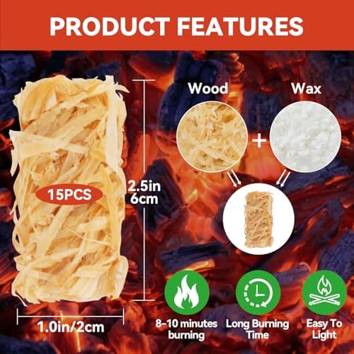 15PCS Quick Ignite Fire Starter - Fire Starter Rolls for BBQ Fireplace, Charcoal Starter for Indoor and Outdoor Use, Easily Light, Wax Wood Roll for Campfire, Chimney, Grill, Camping, Survival