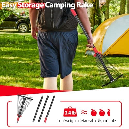 Rake, Adjustable Rake for Leaves with 9”-17” Rake Head, Rakes for Lawns Heavy Duty, 60 in Garden Rake with 18 Clog-Free Tines, Long Handle, Metal Rakes Tool for Gardening, Fast Cleanup Camping Rake