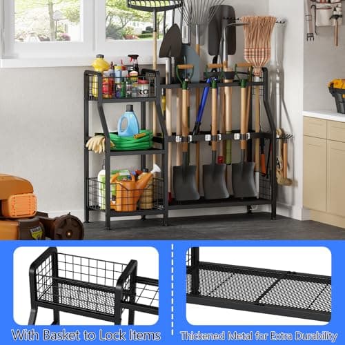 keomaisyto Garden Tool Organizer for Garage/Shed, 3 Tier Garage Tool Organizer and Storage Holder with Hooks, Large Garden Tools Tower Rack with Storage Basket for Shed/Yard/Lawn