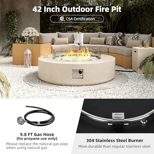 UPHA 42-inch Outdoor Propane Gas Fire Pit Table 50000 BTU Concrete Rectangle FirePit for Outside Patio with Propane Tank Cover, Wind Guad, White Glass Rocks, Rain Cover,Beige