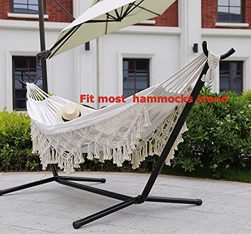 Indoor Hammock with Macrame Fringe for 2 Persons,Double Boho Hammocks with Tassels,Portable Cotton Rope Hamaca Swing with Travel Bag for Outside,Porch,Garden,Patio,Backyard,Up to 500lbs White